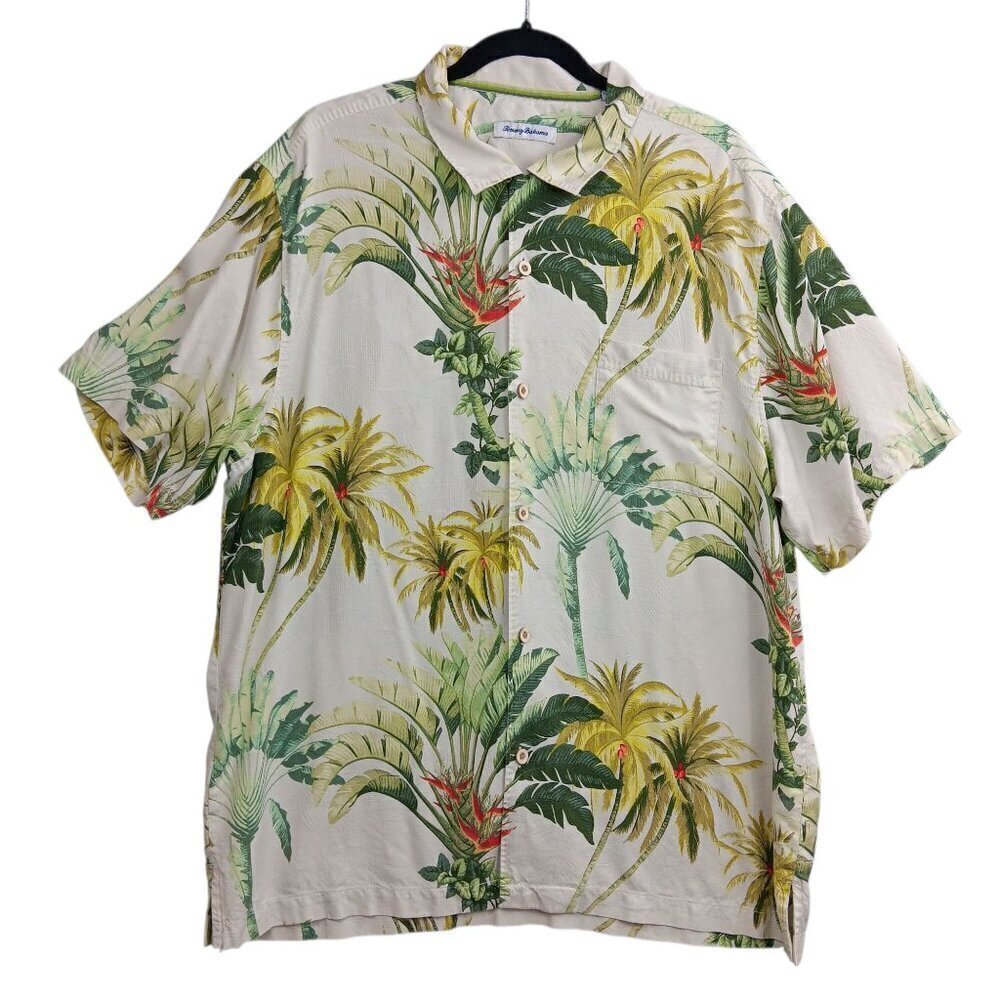 TOMMY BAHAMA Men's Hawaiian Shirt Cream Size XL Silk Tropical Palms Floral
